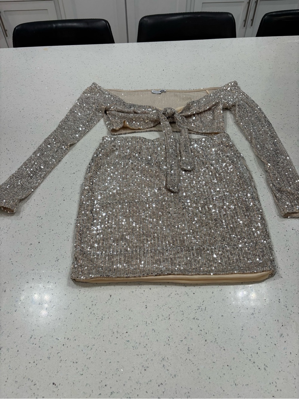 Going Out DressFashion Nova Beige Sequin Knit Two-Piece Mini Set Size L skirt